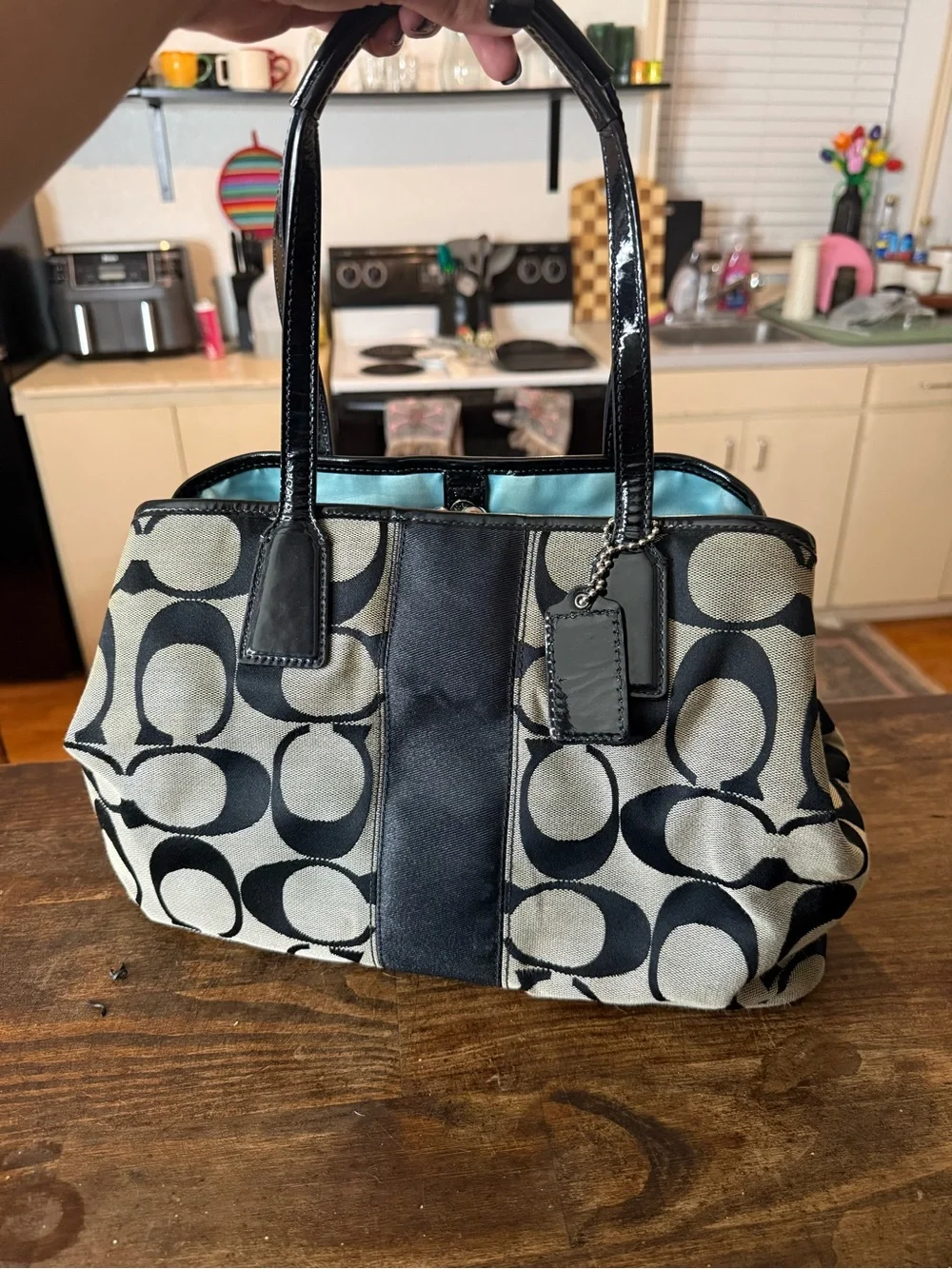 Coach Black and Cream Signature Canvas Shoulder Bag
